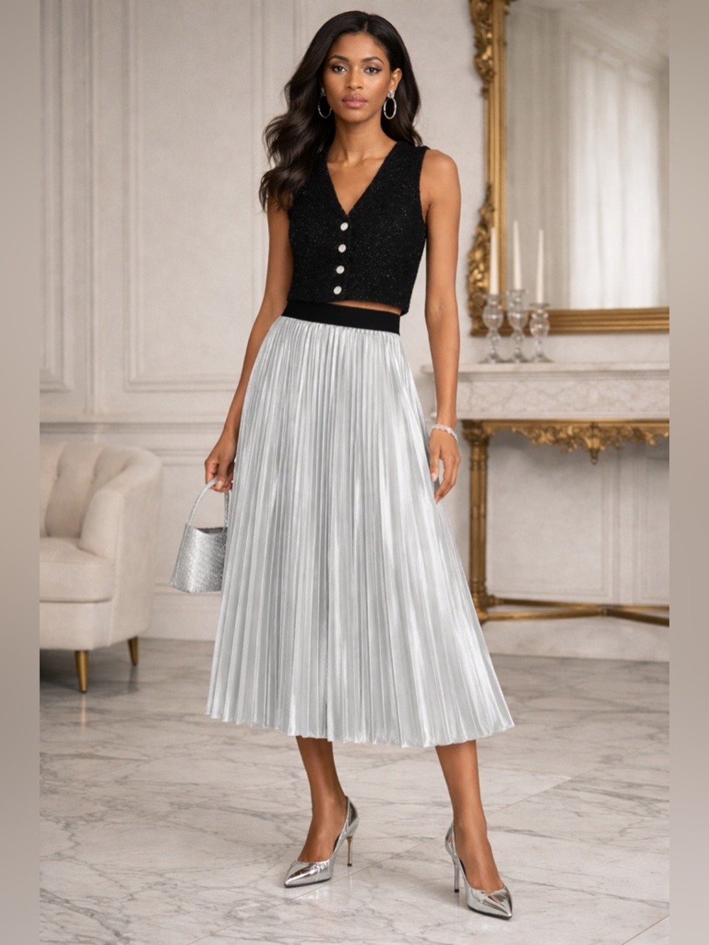 Maje Silver Metallic Pleated Midi Skirt Size 36 NWOT